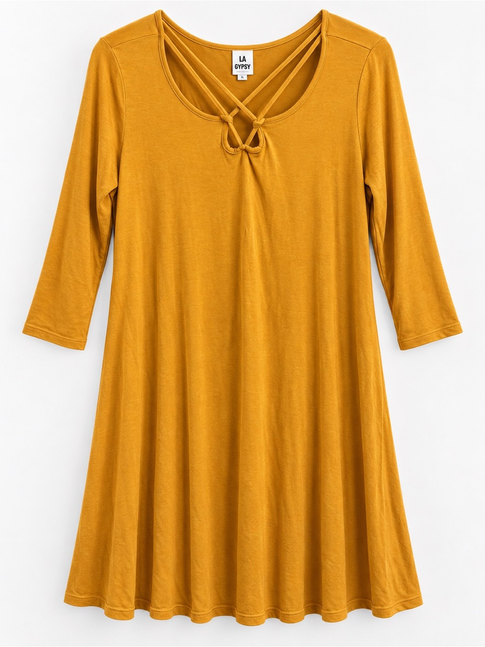 LA Gypsy XL Mustard Yellow Criss Cross Tunic Dress 3/4 Sleeve Boho Made in USA